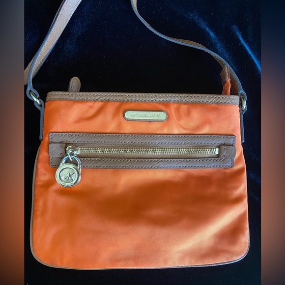 Michael Kors Handbags - Michael Kors Kempton Orange Nylon British Tan Leather Pocket Crossbody Bag